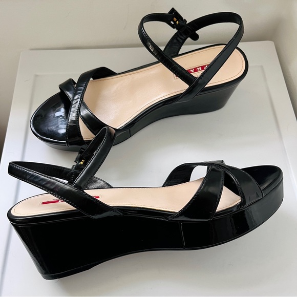 PRADA Linea Rossa Black Patent Platform Strap Slingback Sandals - Picture 7 of 16